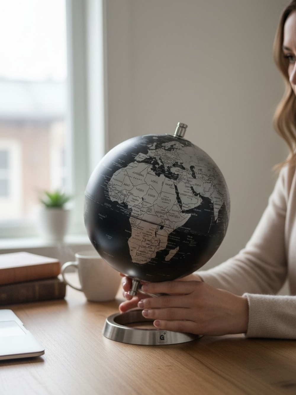 Black and Silver World Globe Decorative Accent